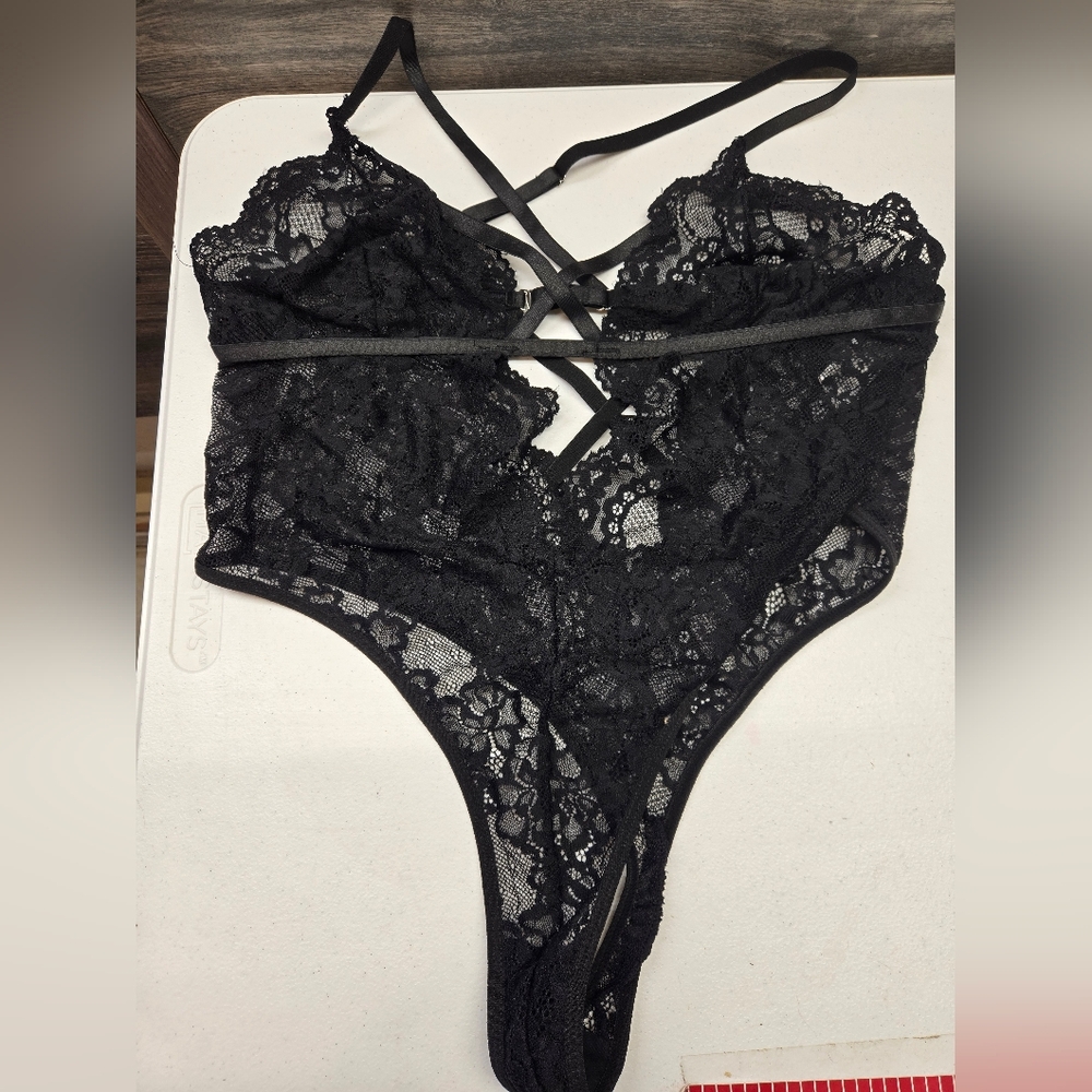 NWOT‎ Angela Delicate Lace One Piece Thong Black Lingerie Body Suit Size 1X